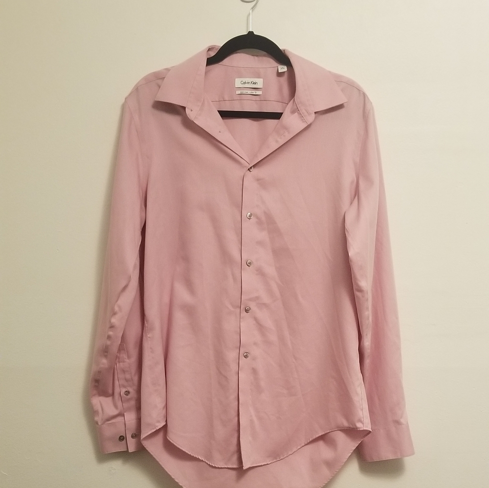 Calvin Klein Men's 16 34/35 Blush Pink Checkered Button-up Dress Shirt